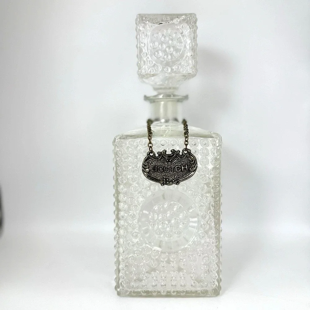 VTG Hobnail Glass Liquor Decanter w/ Stopper + Scotch & Gin Tags Barware Display